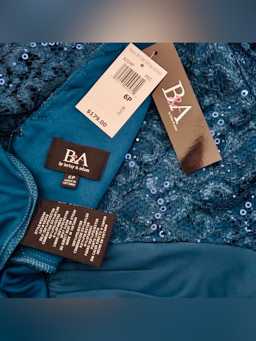 B&A by Betsy & Adam SZ 6-Petite Peacock Lace Ruched V-Neck 3/4 Sleeve Long Gown - Picture 8 of 12